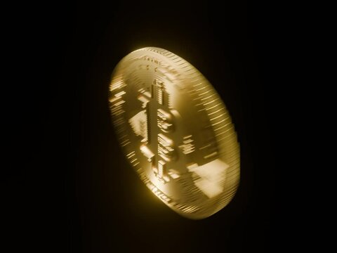 Crypto Coin spinning with light reflection and dark background
