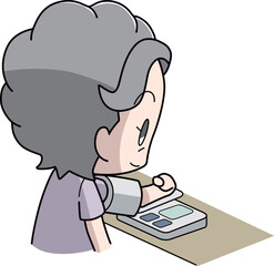 上腕自動式の血圧計で血圧を測る高齢女性のイラスト