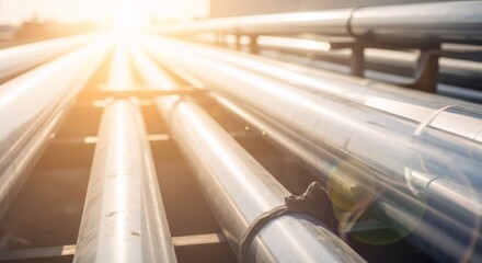 Metal industrial pipelines for urban water system at sunset with bright lens flare. Modern city water supply network infrastructure.