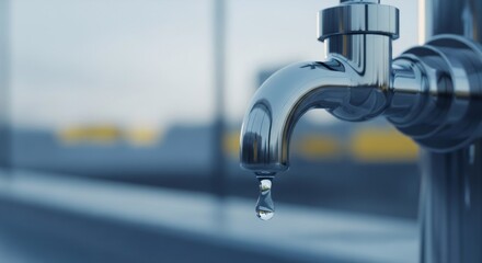 Chrome water tap with a single drop falling. Water resource conservation, urban water system concept. Water quality 