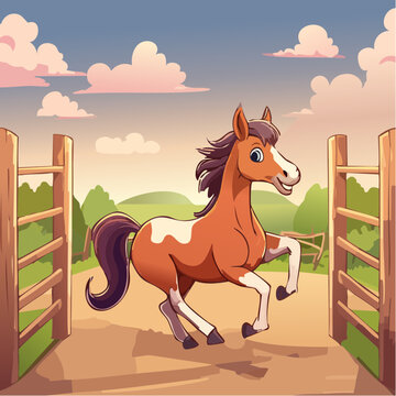Vector Image:  Cartoonish Brown and White Spotted Horse Free at Last, as he escapes through the gates of his corral 4