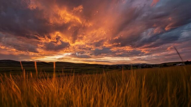 Dramatic sunset over rolling hills with vibrant orange and gray clouds blanketing sky above tall golden grass.