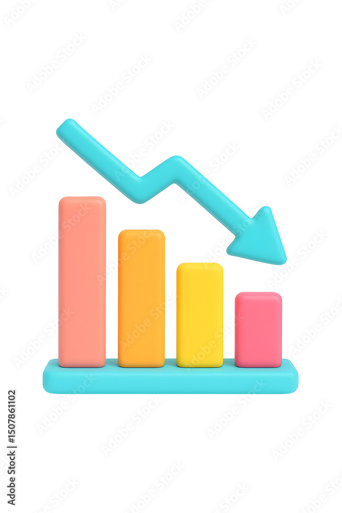 Leinwandbilder abstract geometric chart with multicolored bars and a downward pointing arrow, representing a declin
