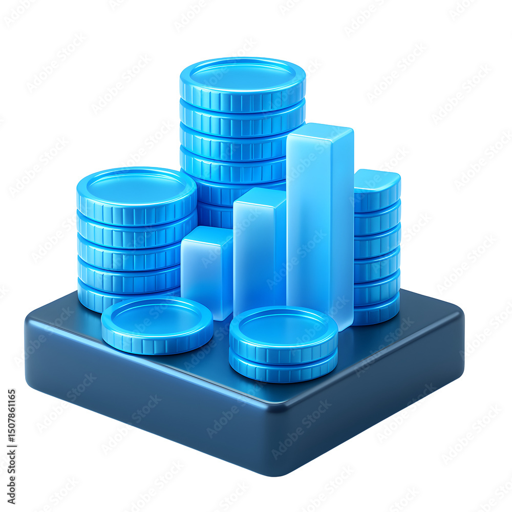 Poster A modern, three-dimensional data visualization with stacked charts and geometric shapes in shades of blue, showcasing business insights and technological progress