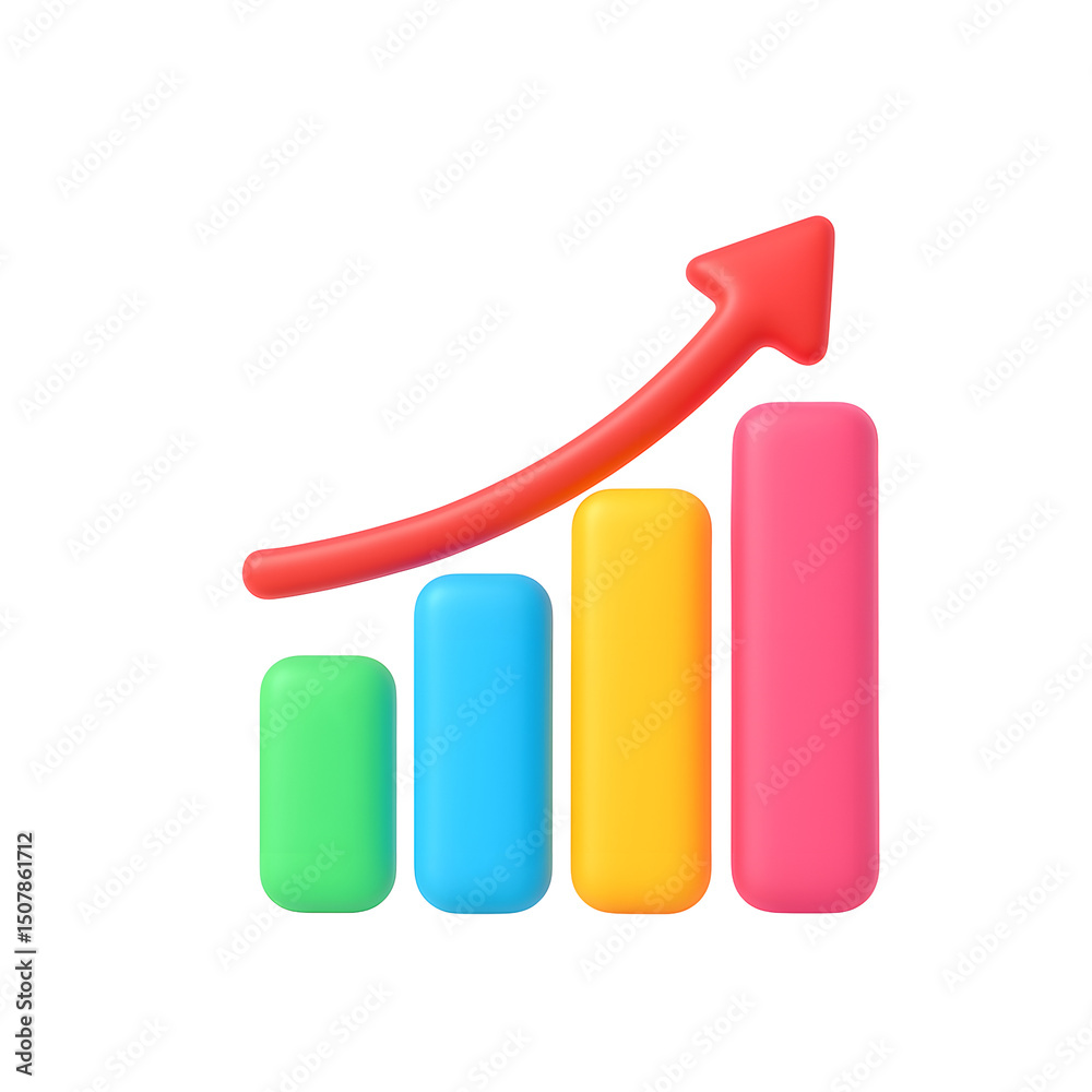 Aufkleber Colorful bar graph with an upward trending arrow, representing growth, progress, and improving business performance metrics.