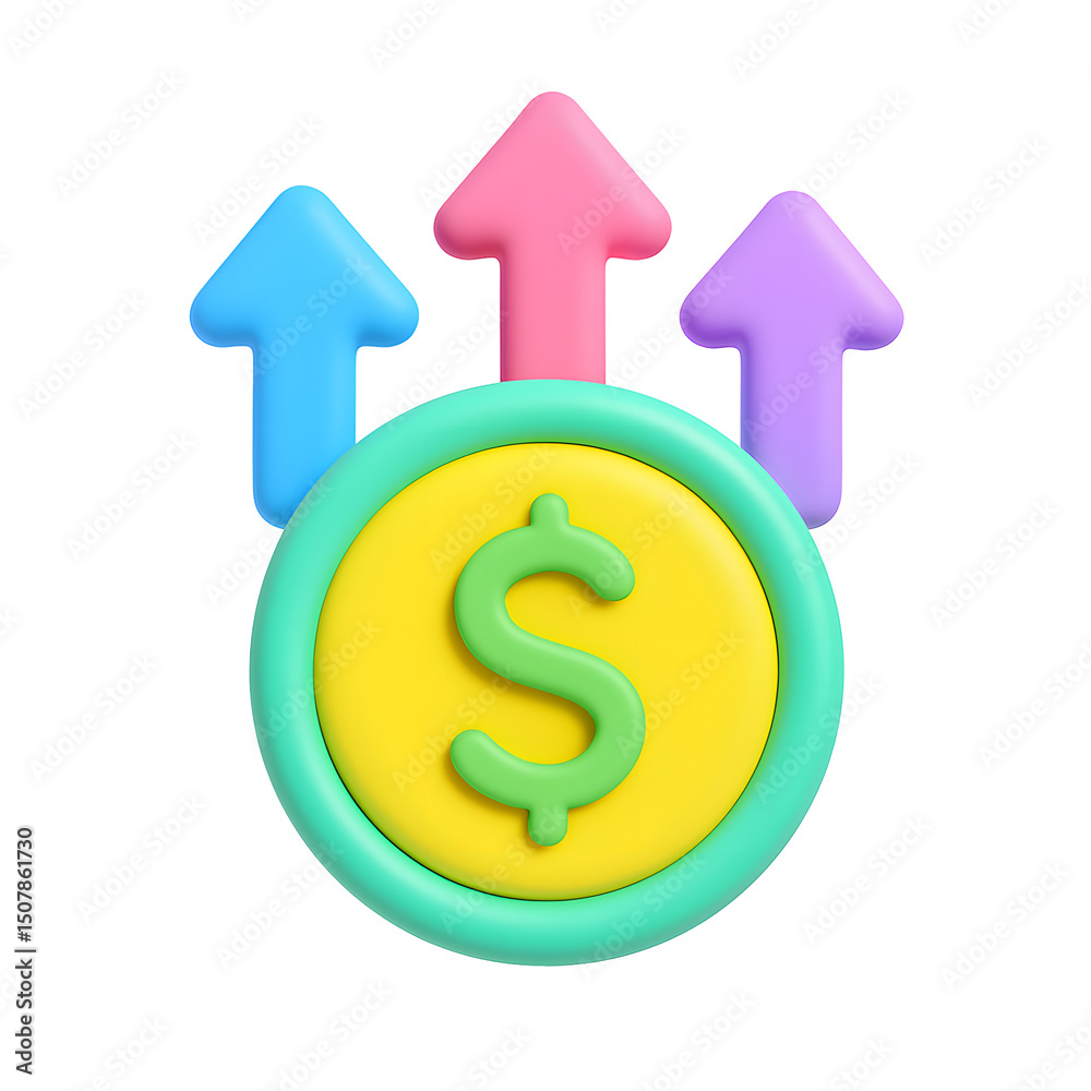 Poster Colorful abstract image with upward pointing arrows surrounding a central dollar sign, symbolizing economic growth, financial progress, and increased profitability.