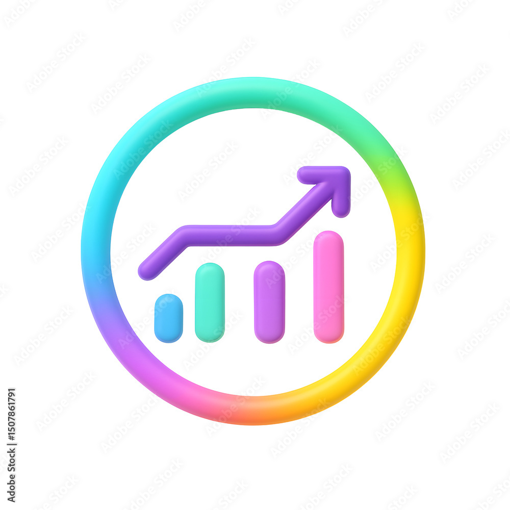 Aufkleber vibrant, digital icon featuring a multi-colored chart with an upward-pointing arrow, representing bu