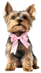 Fototapeta na wymiar PNG Yorkshire Terrier dog wears Ribbon bow for gift wrapping collar at wedding terrier yorkshire puppy.