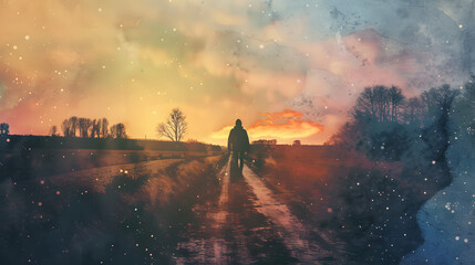 Fototapeta premium silhouette of a person walking along a rural