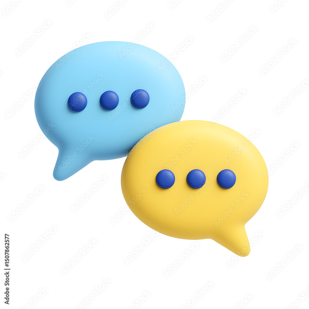 Poster two minimalist speech bubble icons in contrasting shades of blue and yellow, symbolizing digital com