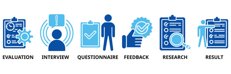 Survey icon set illustration contain evaluation, interview, questionnaire, feedback, research and result.