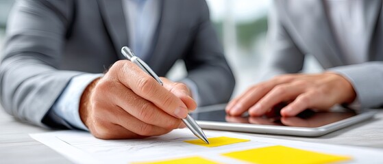 business negotiation planning concept. Collaborative business meeting with hands using tablet and documents for notes.