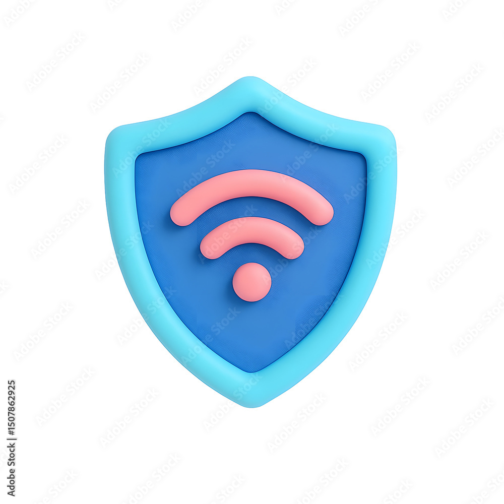 Poster colorful icon depicting a shield shape with a wireless symbol, representing online security and prot