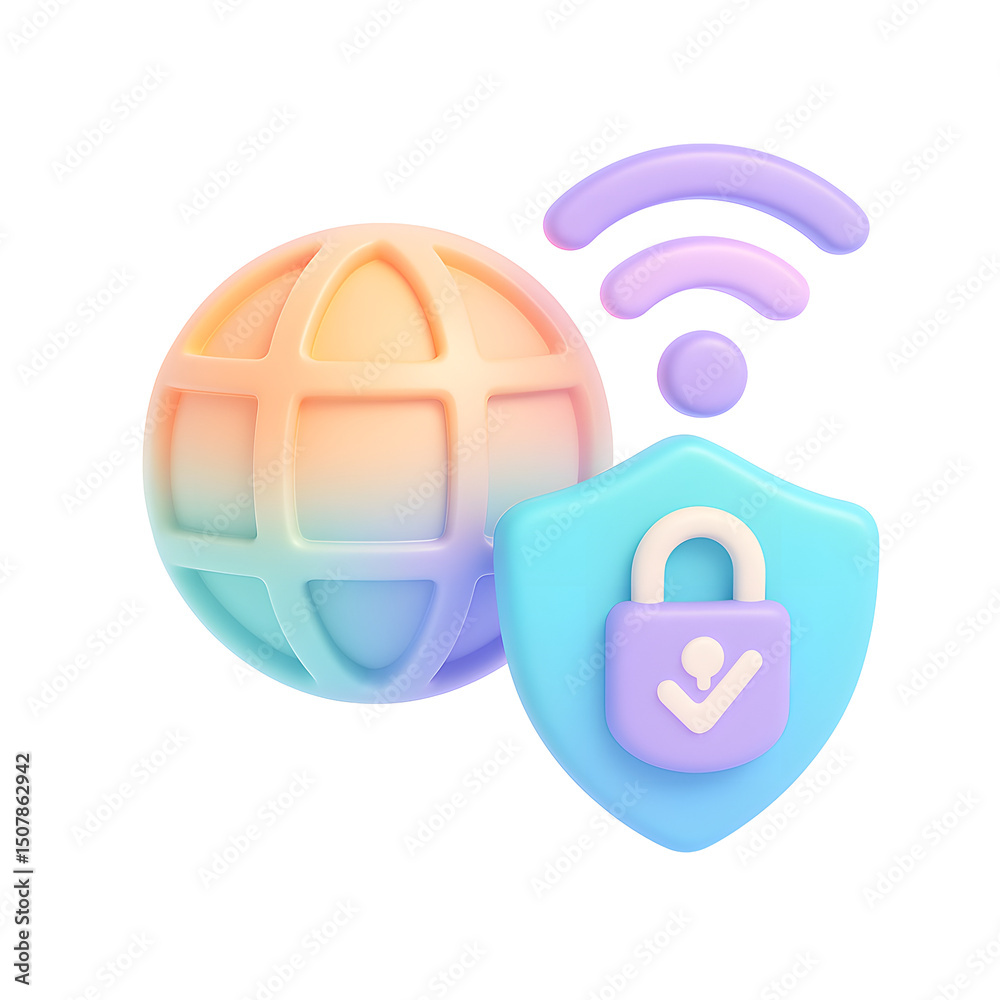 Poster a set of abstract, geometric shapes in pastel colors symbolizing internet security, network connecti