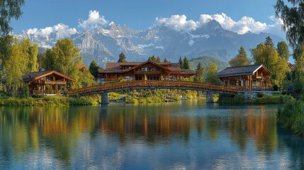 Alpine lake village with wooden bridge and chalet