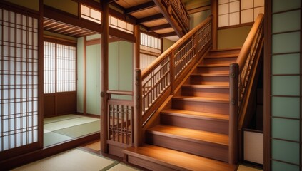 Japanese Traditional Interior Design with Wooden Staircase and Tatami Mats