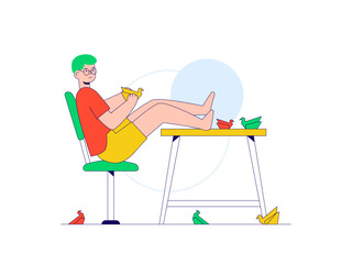 Man sitting relaxed while making crafts from paper. Craft illustration. Character design. Flat vector illustration.