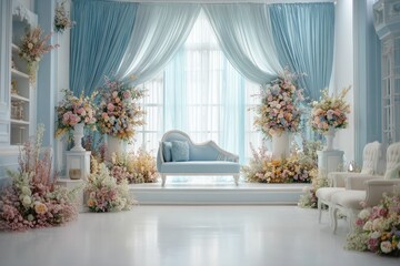 Serene pastel blue room with chaise lounge, large floral arrangements, and light-colored furniture.  Elegant and romantic setting with tall windows and flowing curtains