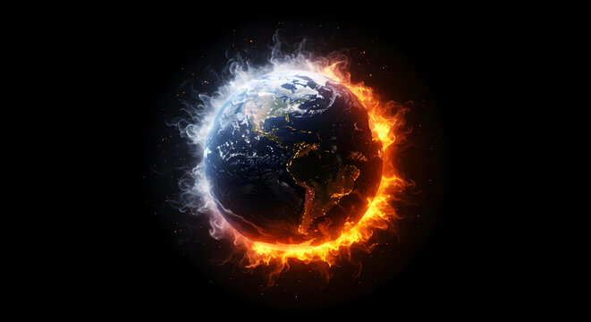 Dramatic Earth Engulfed in Contrasting Blue and Orange Flames with Light Effects on Black Background - Powered by Adobe