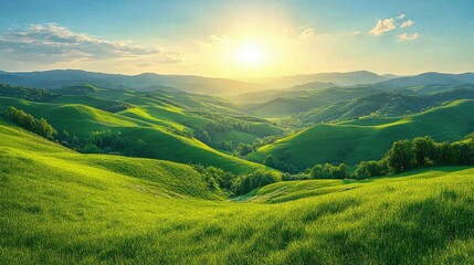 Obraz premium Lush green hills embrace a vibrant landscape at sunrise.
