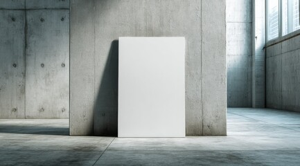 A blank white canvas leans against a raw concrete wall in a spacious, sunlit industrial interior.  The floor is also concrete, adding to the minimalist aesthetic