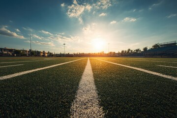 Sunset over a football field, showcasing the center lines converging towards a bright, low-hanging sun.  The field is green, with white markings, and the sky is a blend of blue and orange hues