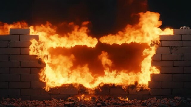 Burning fire blazing through broken brick wall with intense orange flames and scattered debris, creating dramatic powerful scene of destruction, heat, and blaze