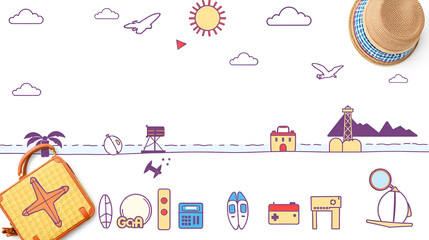 Travel essentials for summer vacation planning with icons of destinations and activities