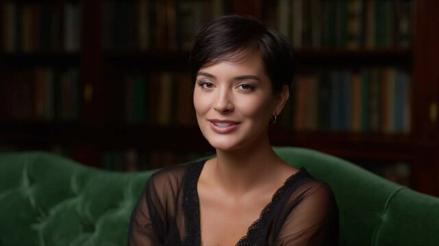 Beautiful woman with short black hair, wearing a sheer dark brown top and sitting on a green velvet couch