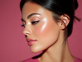 Fototapeta premium beauty closeup side profile with glossy cheek and shimmer