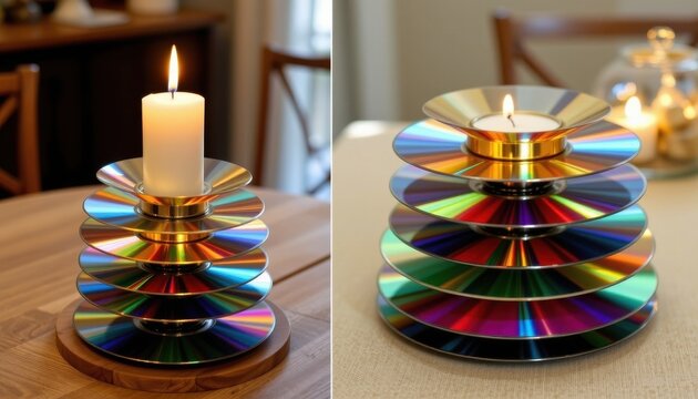 a centerpiece built from stacked cds sanded into thin discs and reassembled with golden metal spacers, creating a sculptural tower for candles or small decor objects.