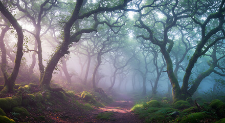 Enchanting Misty Forest Path Mossy Trees Magical Atmosphere Sunlight