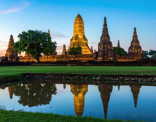 Obraz premium Ancient temple complex at dawn, reflected in still water. Golden pagodas, serene landscape