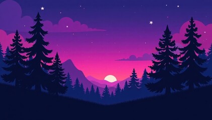 Naklejka premium Silhouetted pines against a purple twilight sky, deep forest floor , view, trees