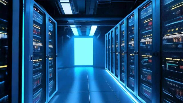 Camera Moving Through Futuristic Server Room with Pulsing Lights and Data Towers