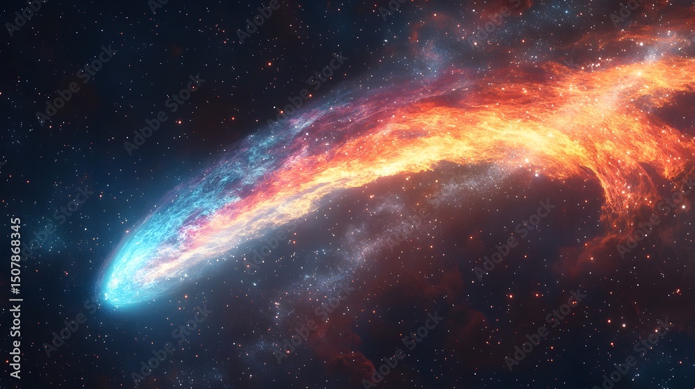 Poster A celestial display of cosmic fireworks in space. Vivid hues blend seamlessly, creating a captivating nebula. This scene combines warm and cool tones into an epic, grand celestial ballet.