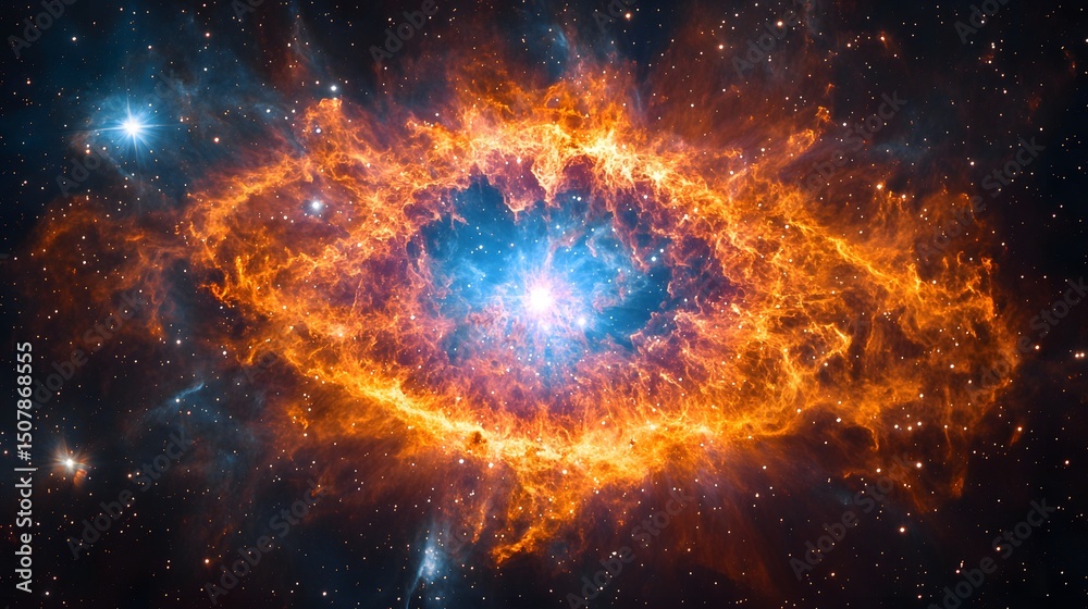 Poster striking space scene featuring a celestial nebula, vibrant hues, and intense illumination. a mesmeri