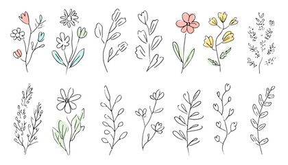 Minimalist Continuous Line Floral Vector Set with Flowers, Branches, and Leaves for Logos, Weddings, and Greeting Cards