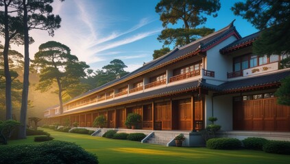 Elegant Asian architecture and serene landscape combine for a tranquil scene