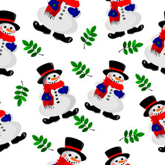 Vector pattern with cute snowmen in black hats and green leaves. New Year and Christmas. Beautiful design for your products.