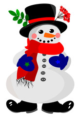 Vector cute snowman in a black hat and green leaves. New Year and Christmas. Beautiful design for your products.
