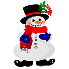 Vector cute snowman in a black hat. New Year and Christmas. Beautiful design for your products.