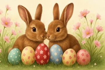 Obraz premium イースターのウサギと花とイースターエッグの背景