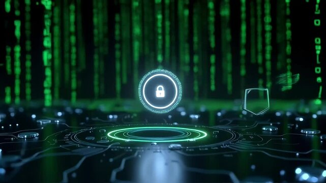 Digital Cybersecurity Lock Surrounded by Floating Particles and Abstract Data