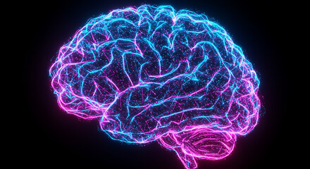 Abstract Neon Pink Blue Brain Neural Network AI Technology Concept
