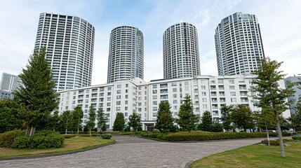 Modern apartment buildings with landscaped grounds.