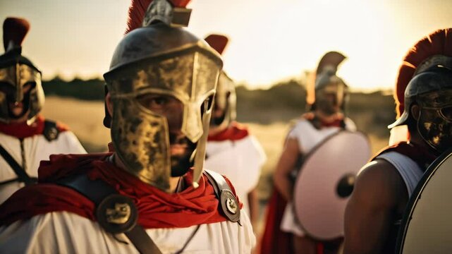 Group of ancient soldiers with helmets and shields standing in a desert landscape under a warm sunset