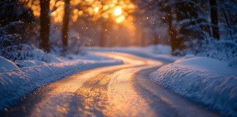 Snowy road sunset winter landscape photography serene environment scenic view nature's beauty
