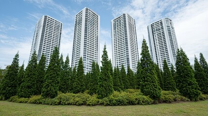 Fototapeta premium Modern apartment buildings amidst a tree line.