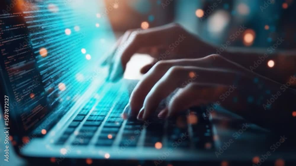 Poster digital symphony: a skilled programmer's hands dance across the keyboard, crafting lines of code tha